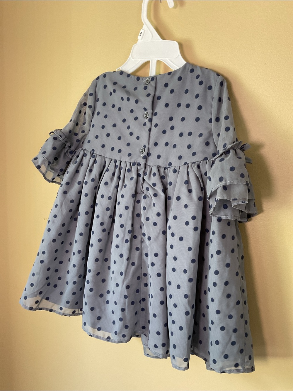Laura Ashley Grey Dress with Navy Polka Dots and Pink Flower size 24mon - Picture 3 of 5